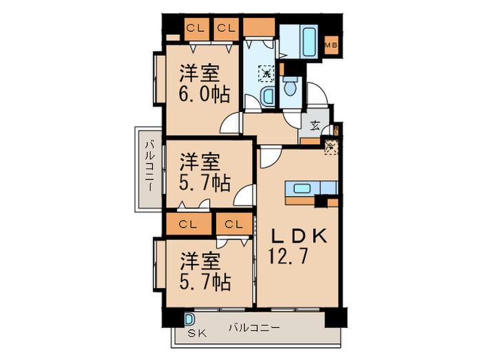 オリジン(3LDK/6階)の間取り写真