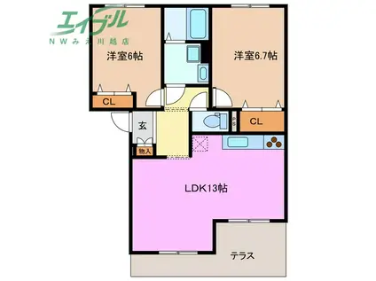 インペリアルコート川曽I(2LDK/1階)の間取り写真