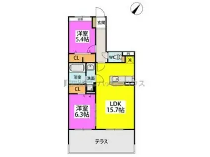 アリエス ヤナセ(2LDK/1階)の間取り写真