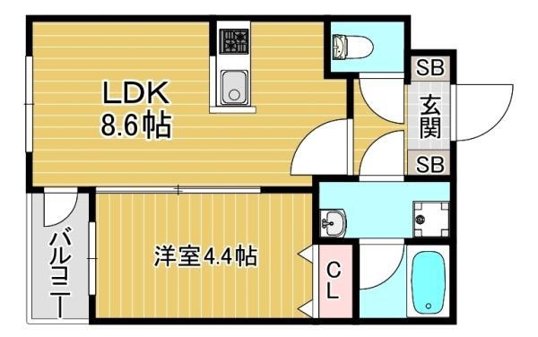 GLANZ 六ツ門(1LDK/1階)の間取り写真