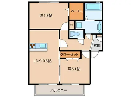 パラディーゾII(2LDK/2階)の間取り写真