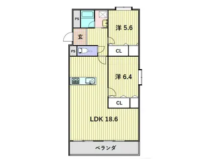 ビューラーあけぼの(2LDK/3階)の間取り写真
