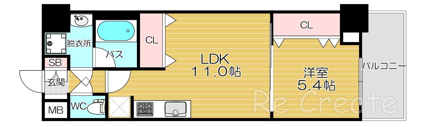 スプランディッド上本町ウエストII(1LDK/14階)の間取り写真