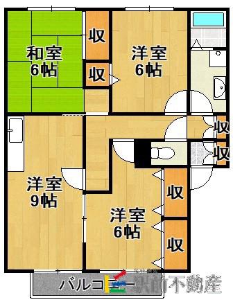 サンビレッジ久留米D(3LDK/2階)の間取り写真
