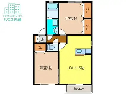 ヴェル・フォンセみやきA棟(2LDK/2階)の間取り写真