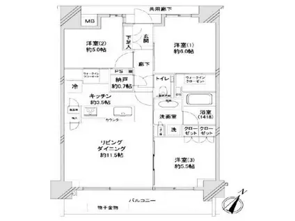 シティハウス大塚ステーションコート(3LDK/5階)の間取り写真