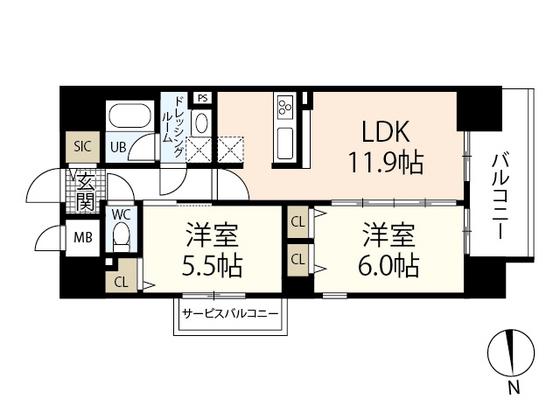 セントラルアヴェニュー田町(2LDK/9階)の間取り写真