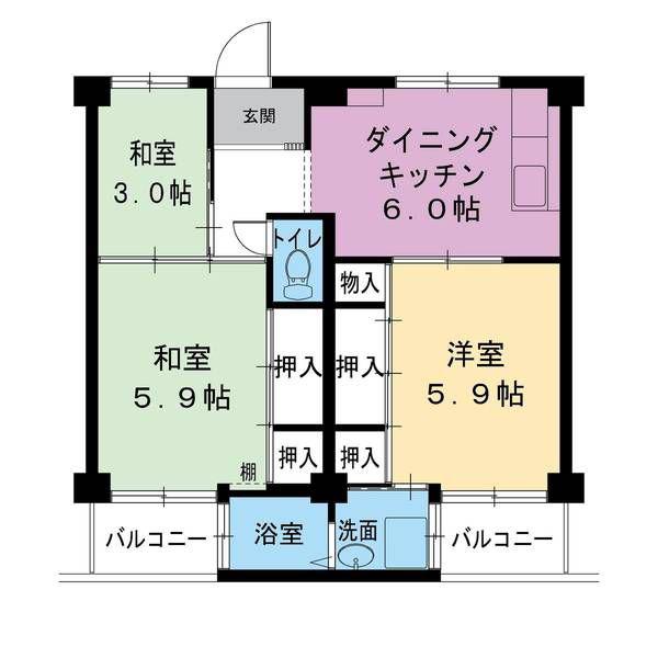 ビレッジハウス紀三井寺1号棟(3DK/3階)の間取り写真