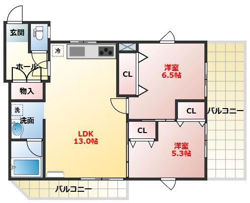 シャンロック湯本(2LDK/5階)の間取り写真