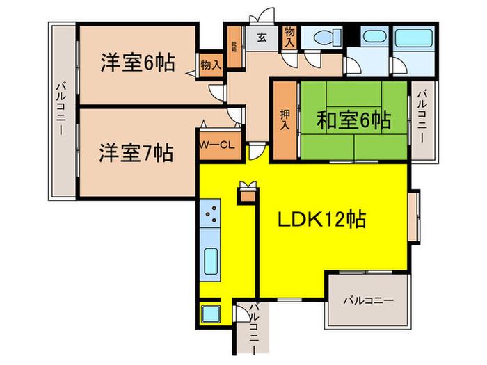 クレイドル宝松苑(3LDK/3階)の間取り写真