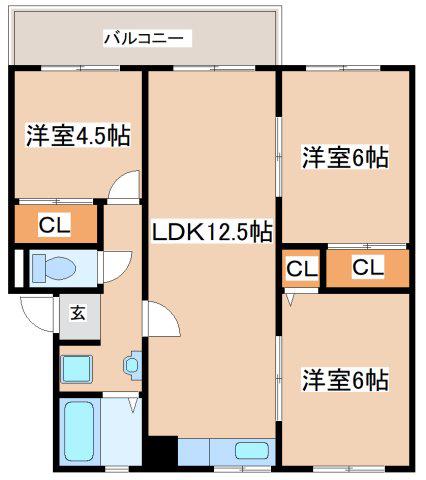 高倉台12団地 61号棟(3LDK/4階)の間取り写真
