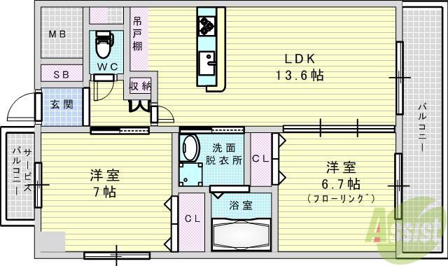 ラフィネ豊中南(2LDK/5階)の間取り写真