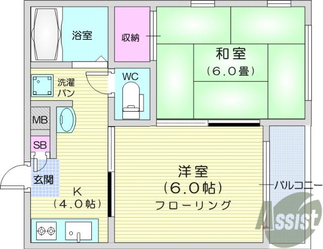 エクセレント南吉成参番館(2DK/1階)の間取り写真