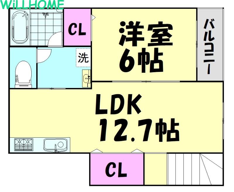 TJ内原(1LDK/2階)の間取り写真