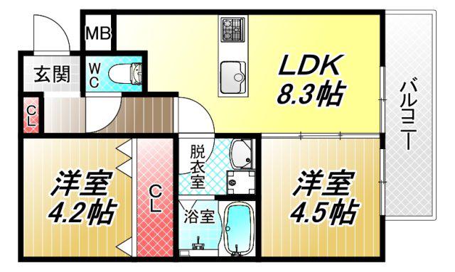 ソラーナ岸田堂 (2LDK/1階)の間取り写真