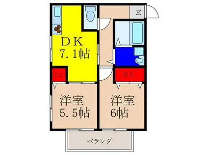 メイプルコート旭丘A(2DK/2階)の間取り写真