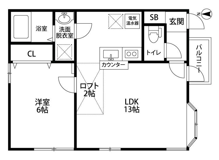 サンフィルド本馬越(1LDK/2階)の間取り写真