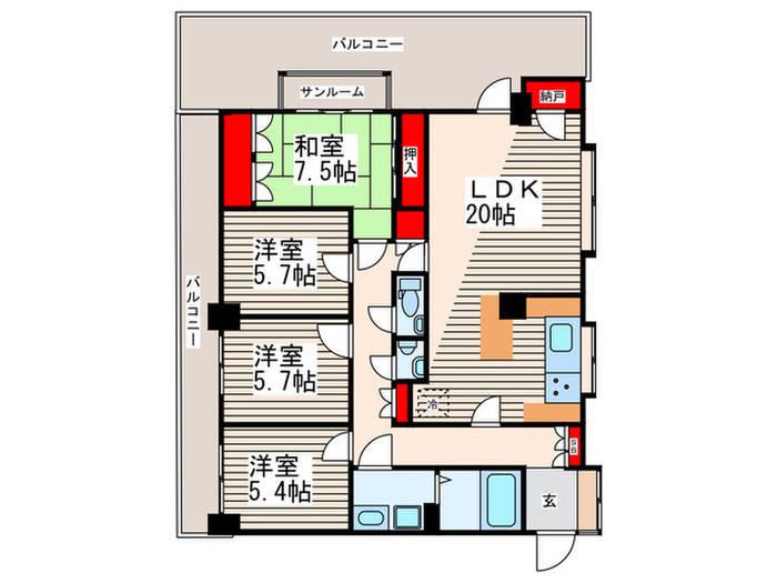 パルシテイ笈川(4LDK/4階)の間取り写真