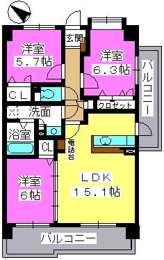 サンライトキャッスル(3LDK/6階)の間取り写真