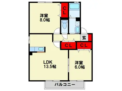 ル・クレールやつえA棟(2LDK/1階)の間取り写真