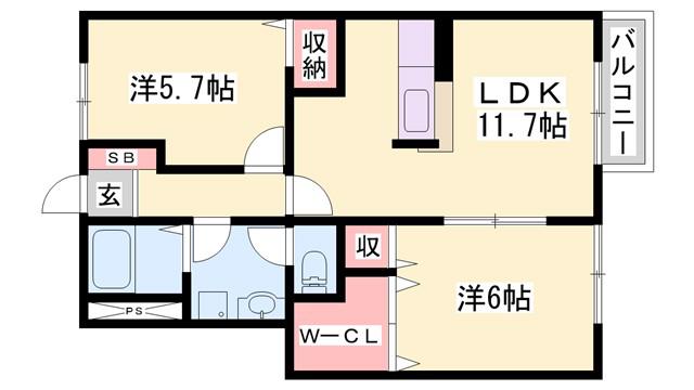 グランドゥールB(2LDK/1階)の間取り写真