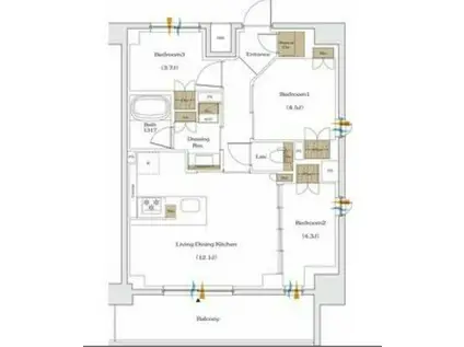 ザ・パークハビオ谷町六丁目テラス(3LDK/13階)の間取り写真
