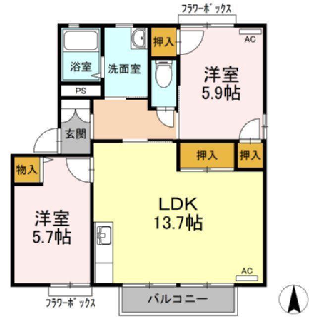 ラシェットエムザC棟(2LDK/2階)の間取り写真