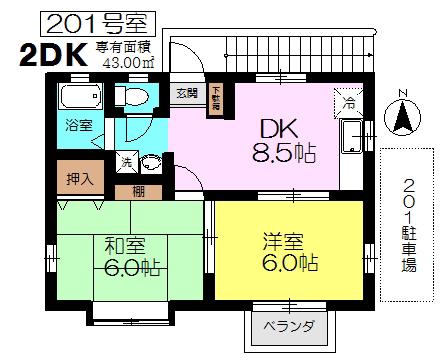 デュエット(2DK/2階)の間取り写真