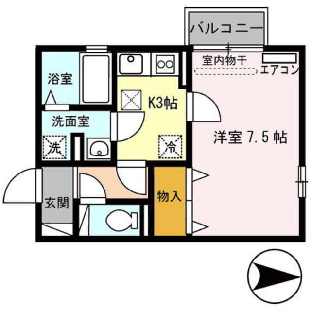 リヤフィールドA棟(1K/1階)の間取り写真