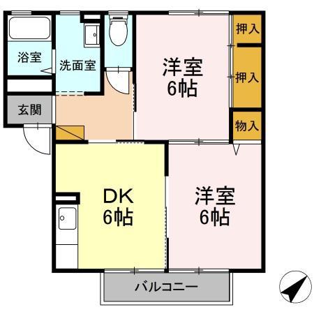カーサ・デ・三の丸 A棟(2DK/1階)の間取り写真