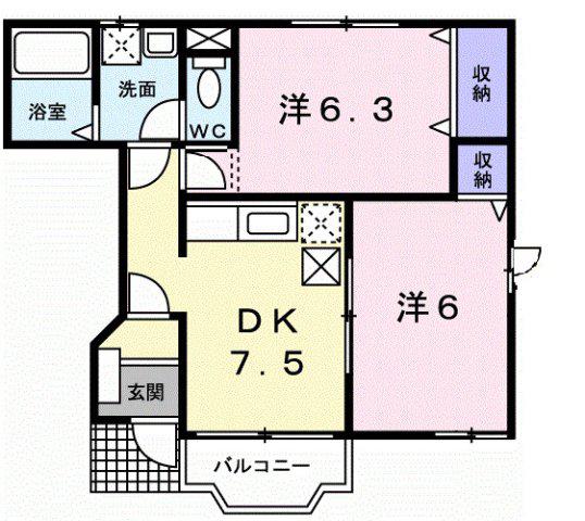 サンシャインA棟(2DK/1階)の間取り写真