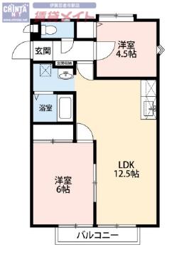 ヒルズソシアB(2LDK/2階)の間取り写真