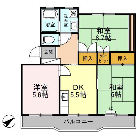 コーポラス多治米(3DK/1階)の間取り写真