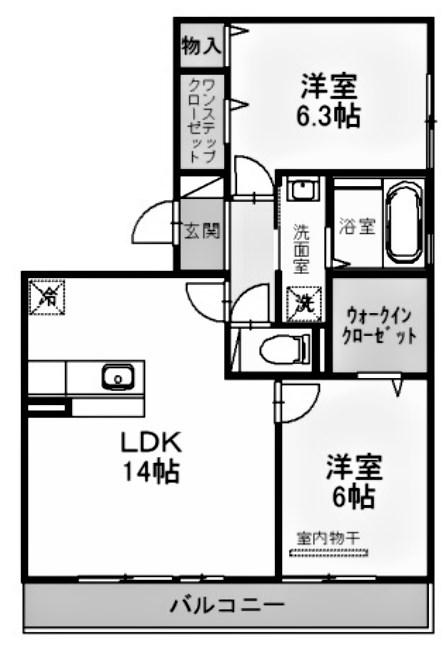 サニープレイス塩屋台(2LDK/3階)の間取り写真