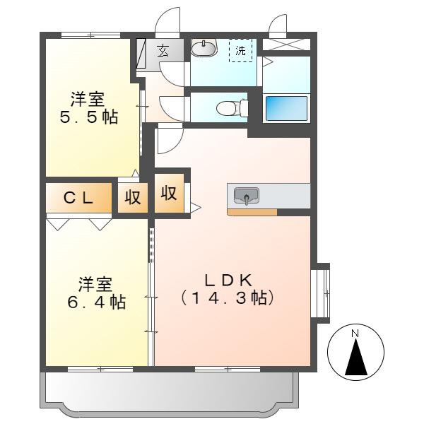 グランメールK(2LDK/3階)の間取り写真