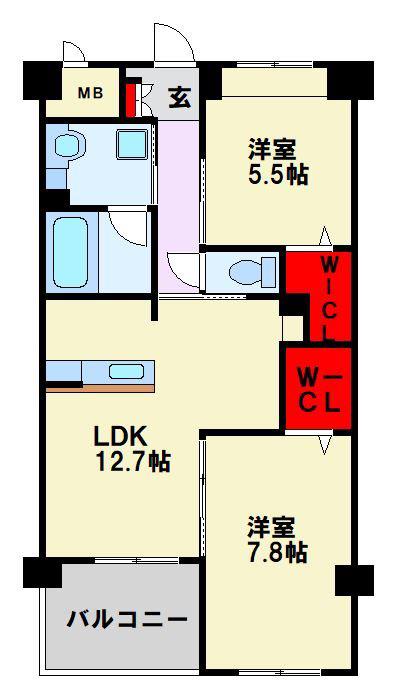 グランビュー黒崎南(2LDK/5階)の間取り写真