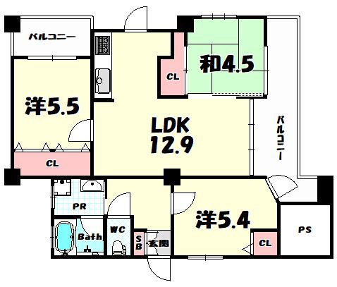 ワコーレアプローズ春日野  401(3LDK/4階)の間取り写真