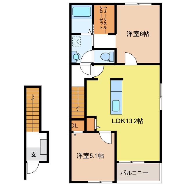 リバーサイド ジェルメI(2LDK/2階)の間取り写真