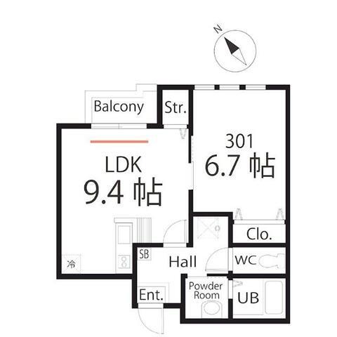 ハーミットクラブハウスNAGATSUTA(1LDK/3階)の間取り写真