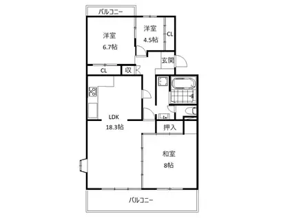 芳川ハイツ1号棟(3LDK/2階)の間取り写真
