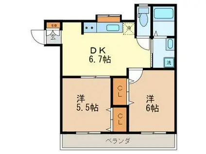 パームヒルズII 301(2DK/2階)の間取り写真