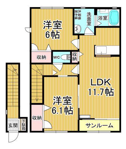 メゾン・ボヌールE棟(2LDK/2階)の間取り写真