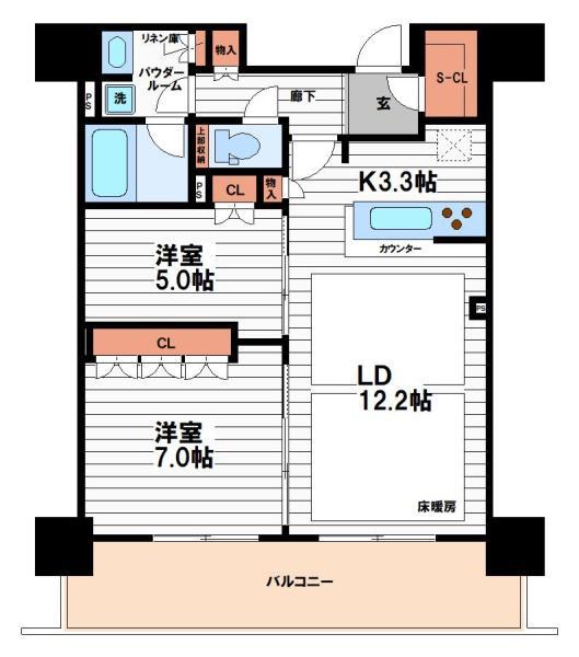ローレルタワー堺筋本町(2LDK/7階)の間取り写真