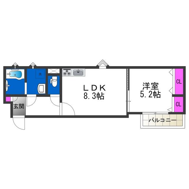 クリエオーレ聖天下(1LDK/2階)の間取り写真