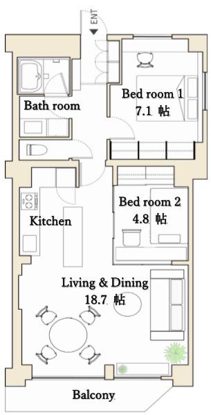 サニーハイツ門前仲町(2LDK/11階)の間取り写真