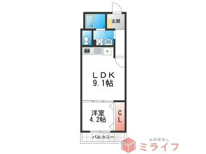 アルカンシエルコート緑橋(1LDK/1階)の間取り写真