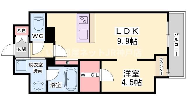 ルガールボニート新神戸(1LDK/9階)の間取り写真