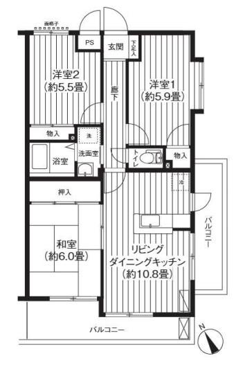 ソレイユモトニ(3LDK/5階)の間取り写真