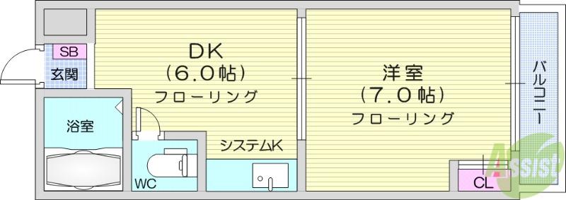 カラーズガーデン仙台東口(1DK/3階)の間取り写真