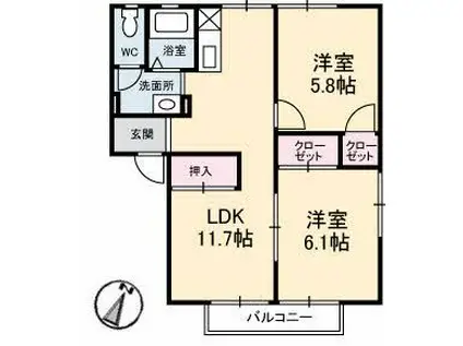 グレースフジ B棟(2LDK/1階)の間取り写真